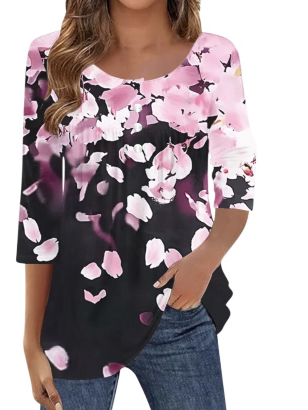 #T018 Women's Pink Floral Ombre Scoop Neck Top